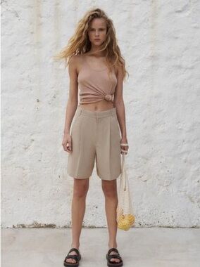 Zara Linen Blend Pleated Bermuda Shorts - Taupe Gray